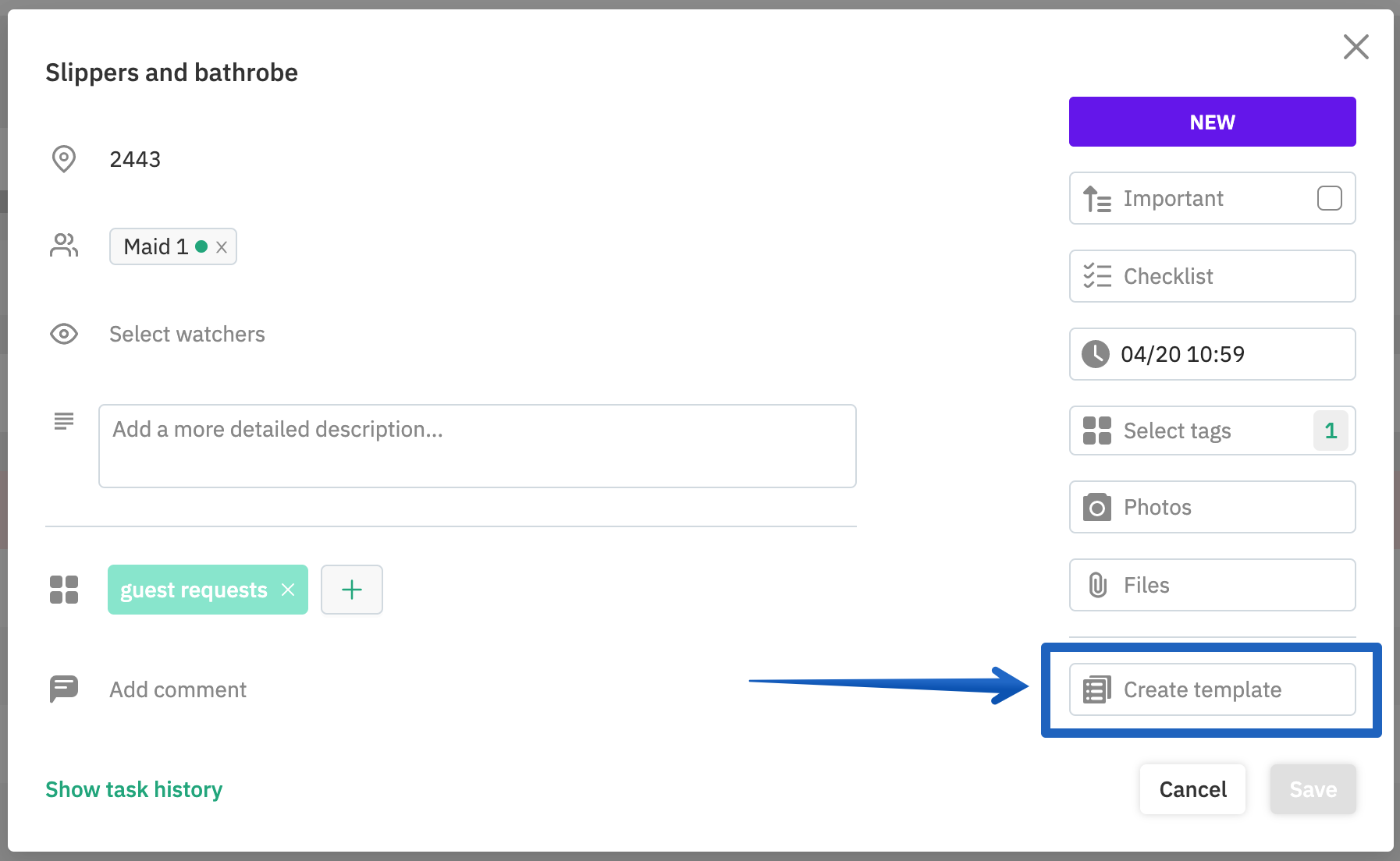 Create Template Button Inside Task